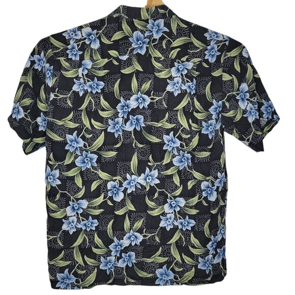Tommy Bahama Black / Blue Floral 100% Silk Men's Hawaiian Button Shirt Medium M - Picture 2 of 4